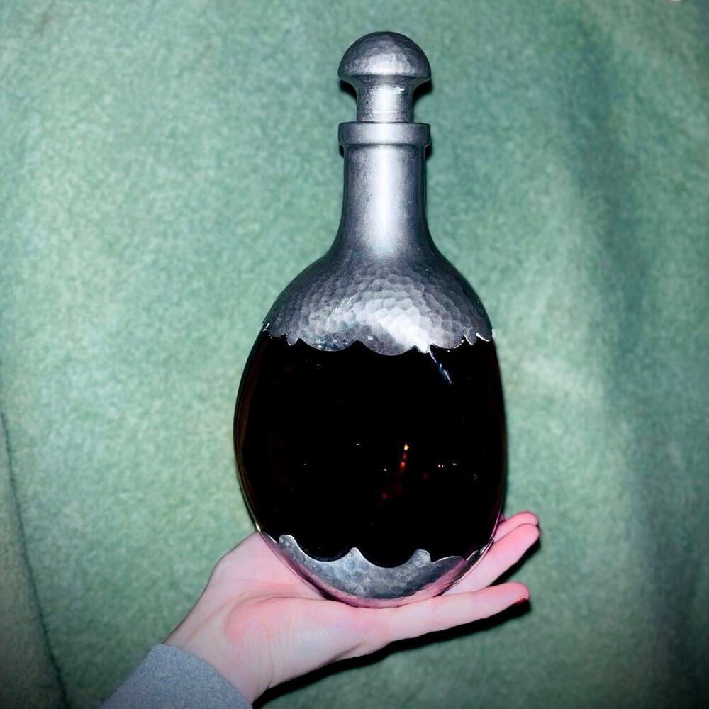 Vtg 1930s Royal Holland Pewter & Amber Glass Pinch Decanter